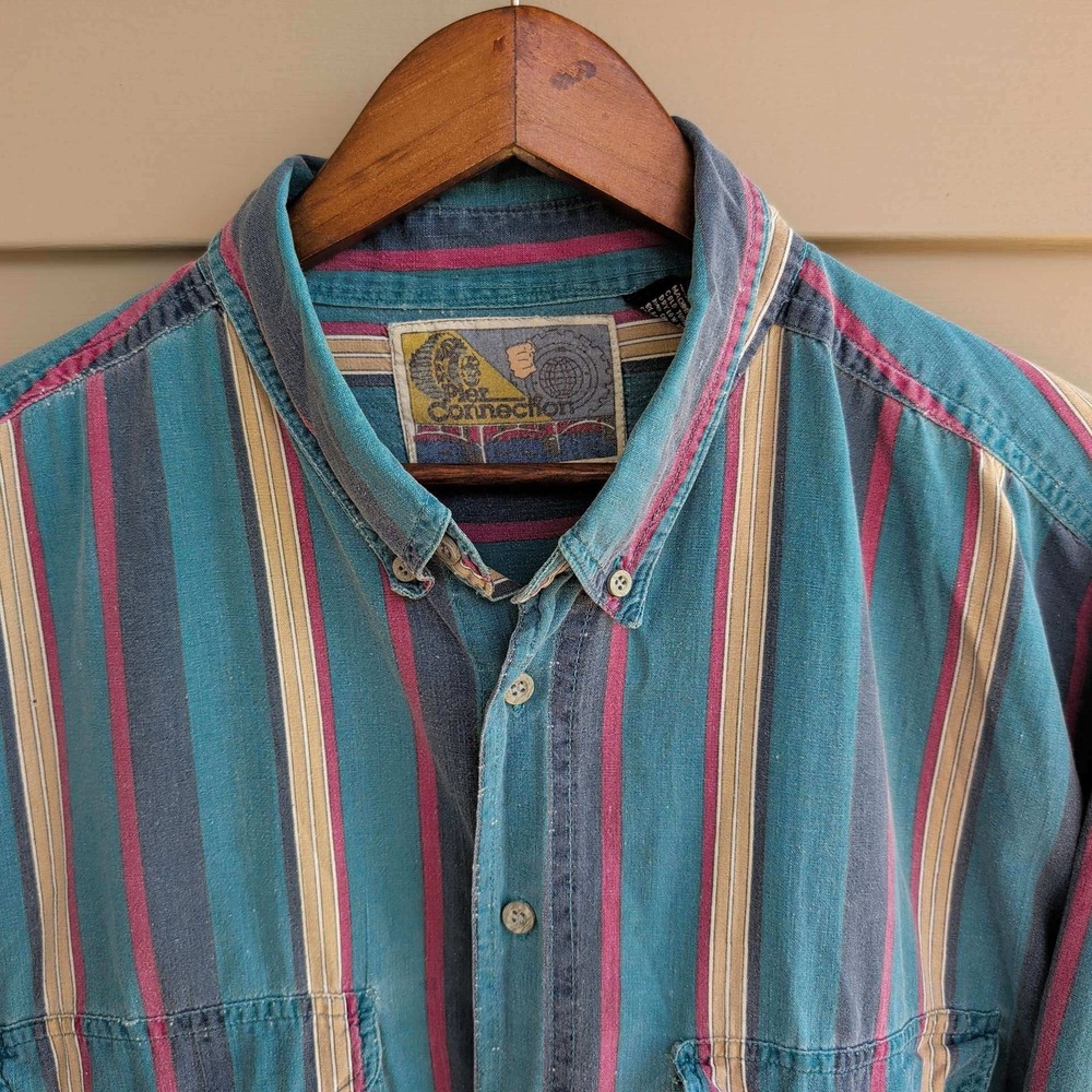 Pier Connection Button Down Shirt Mens XL Teal Magenta Striped Vintage 90s